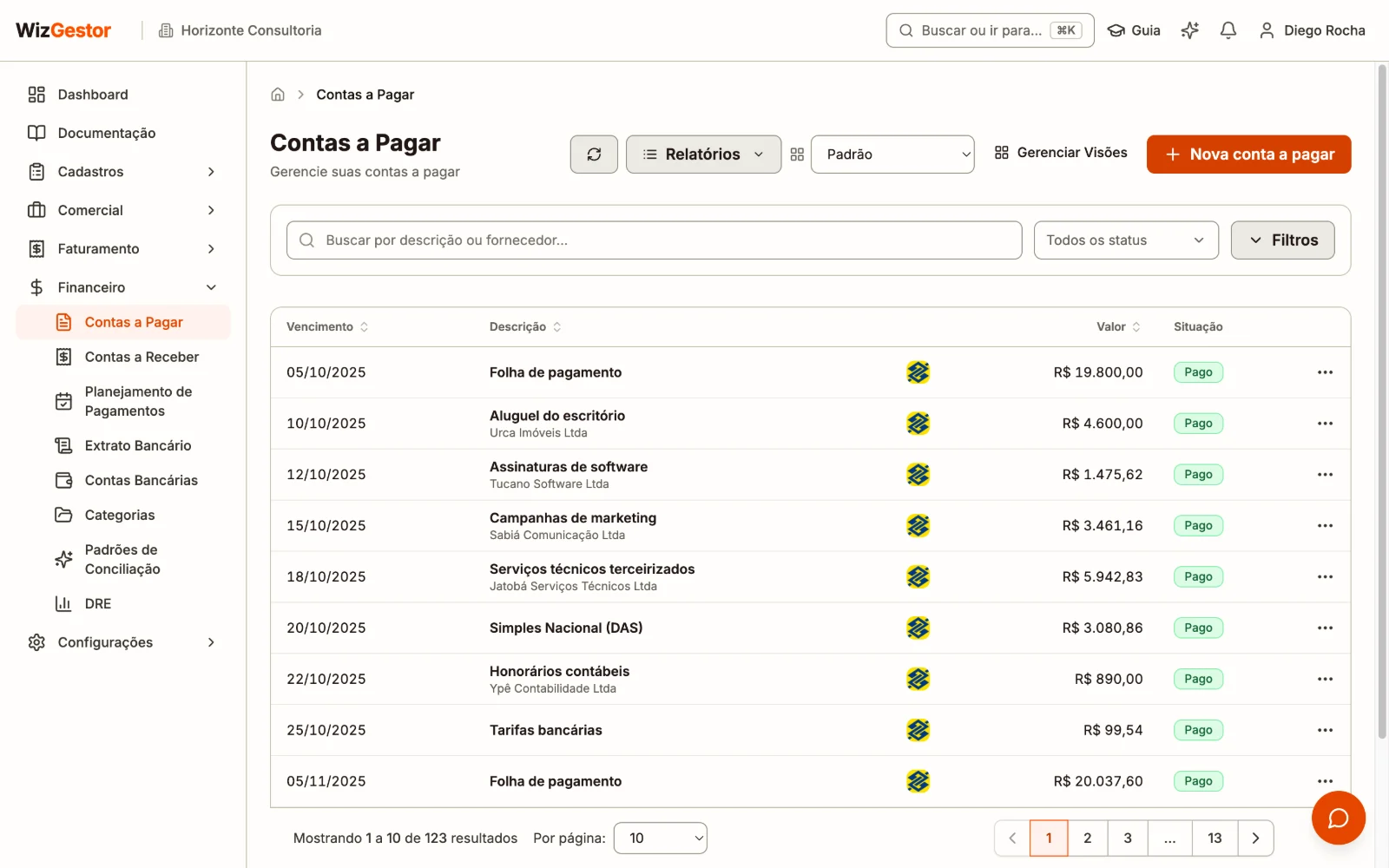 Lista de contas a pagar com descrição, valor, vencimento, fornecedor, status e categoria