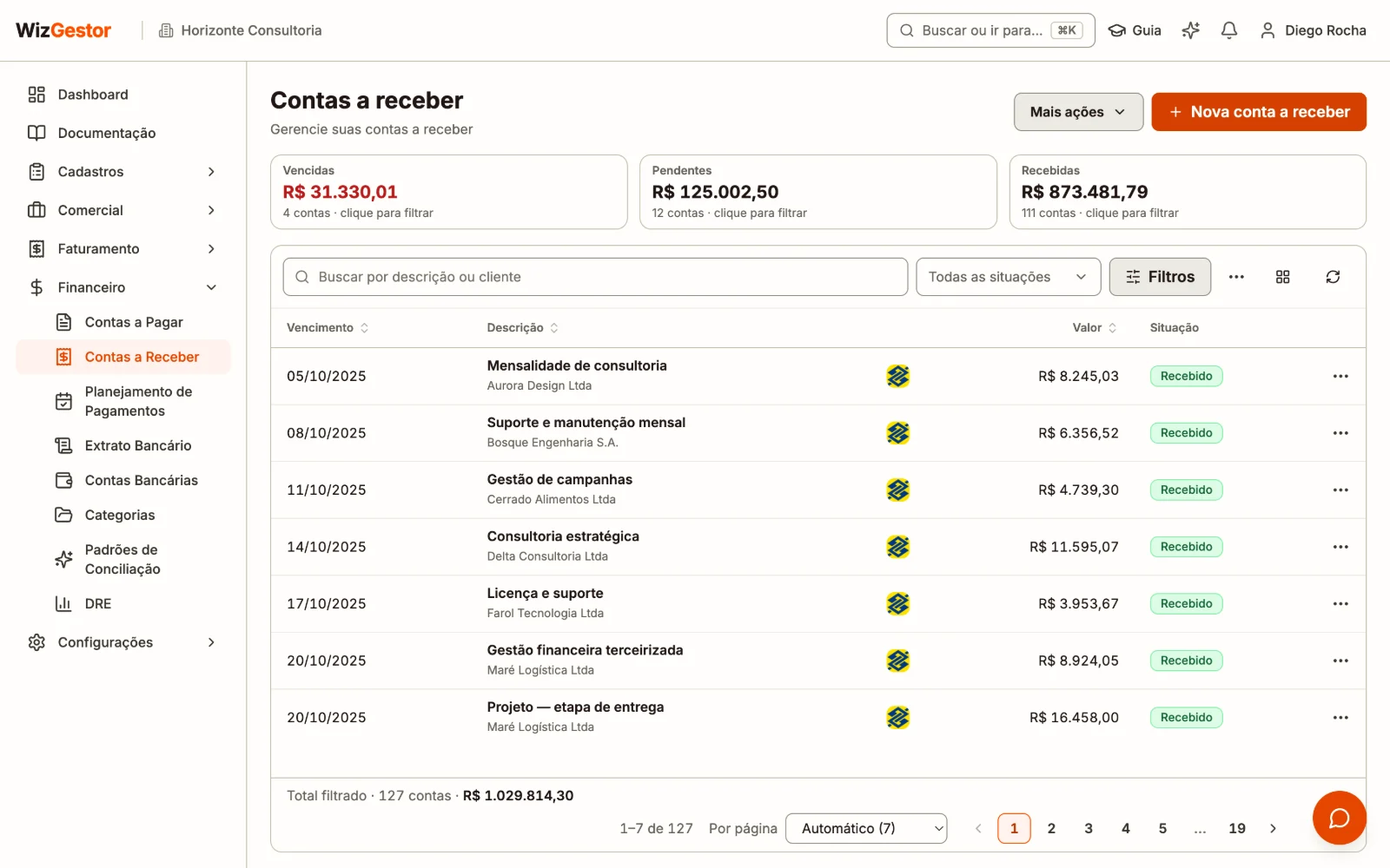 Lista de contas a receber com descrição, valor, vencimento, cliente e status