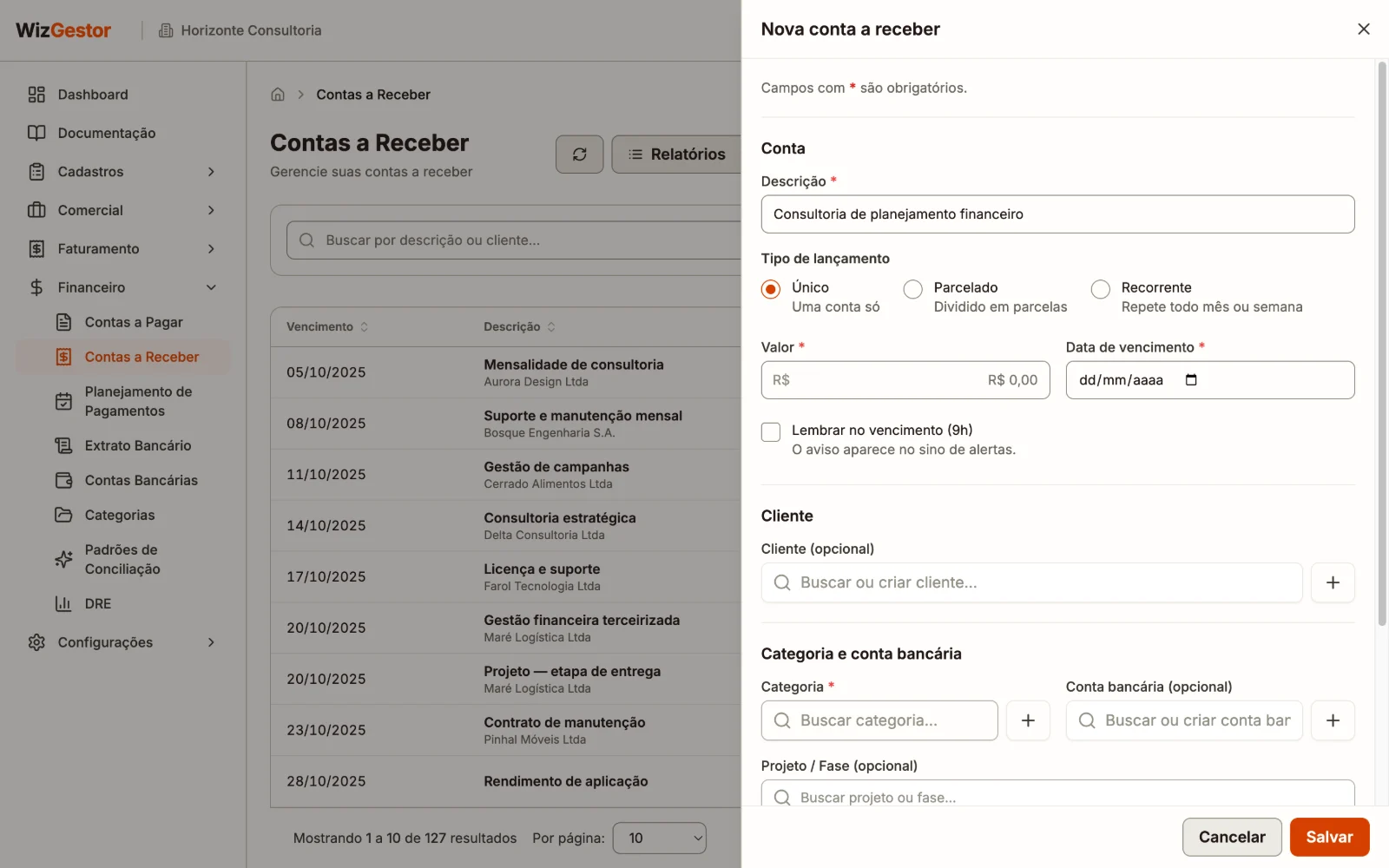Formulário de nova conta a receber com descrição, valor, vencimento, cliente, categoria e conta bancária