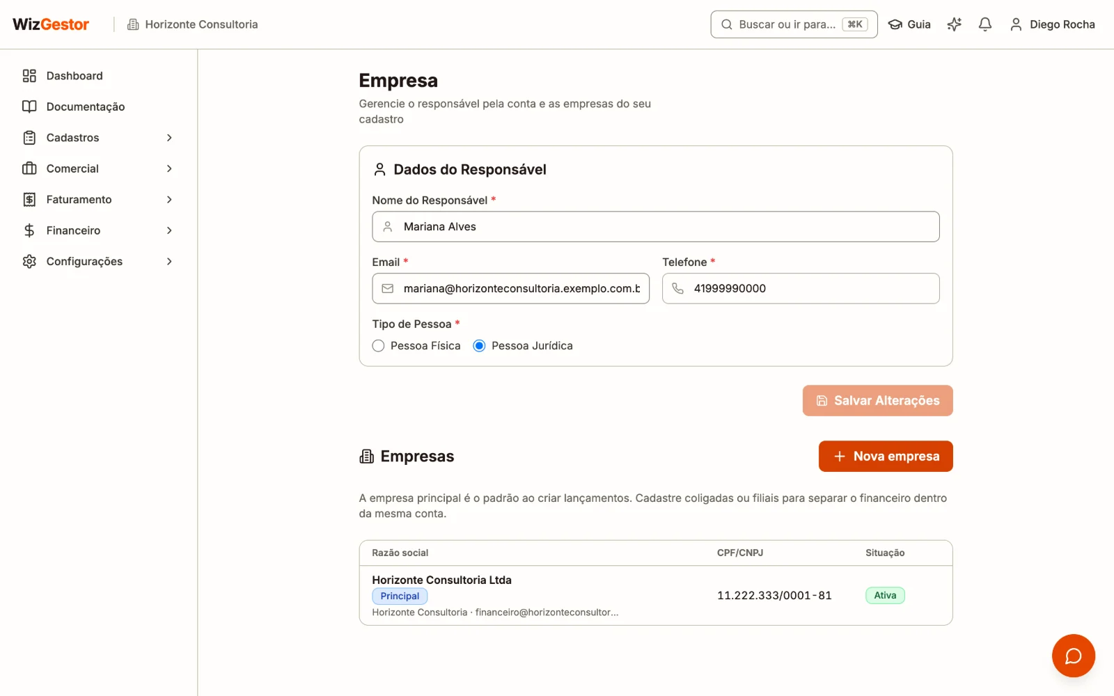 Tela de empresas no WizGestor com a lista de empresas cadastradas
