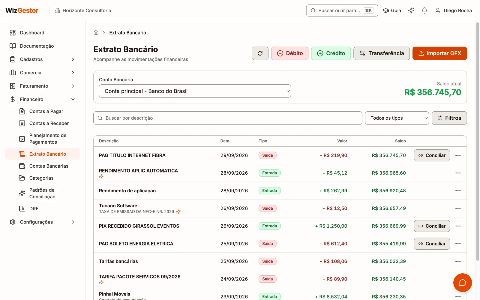 Extrato da conta com entradas, saídas, fornecedor ou cliente de cada movimento e o saldo