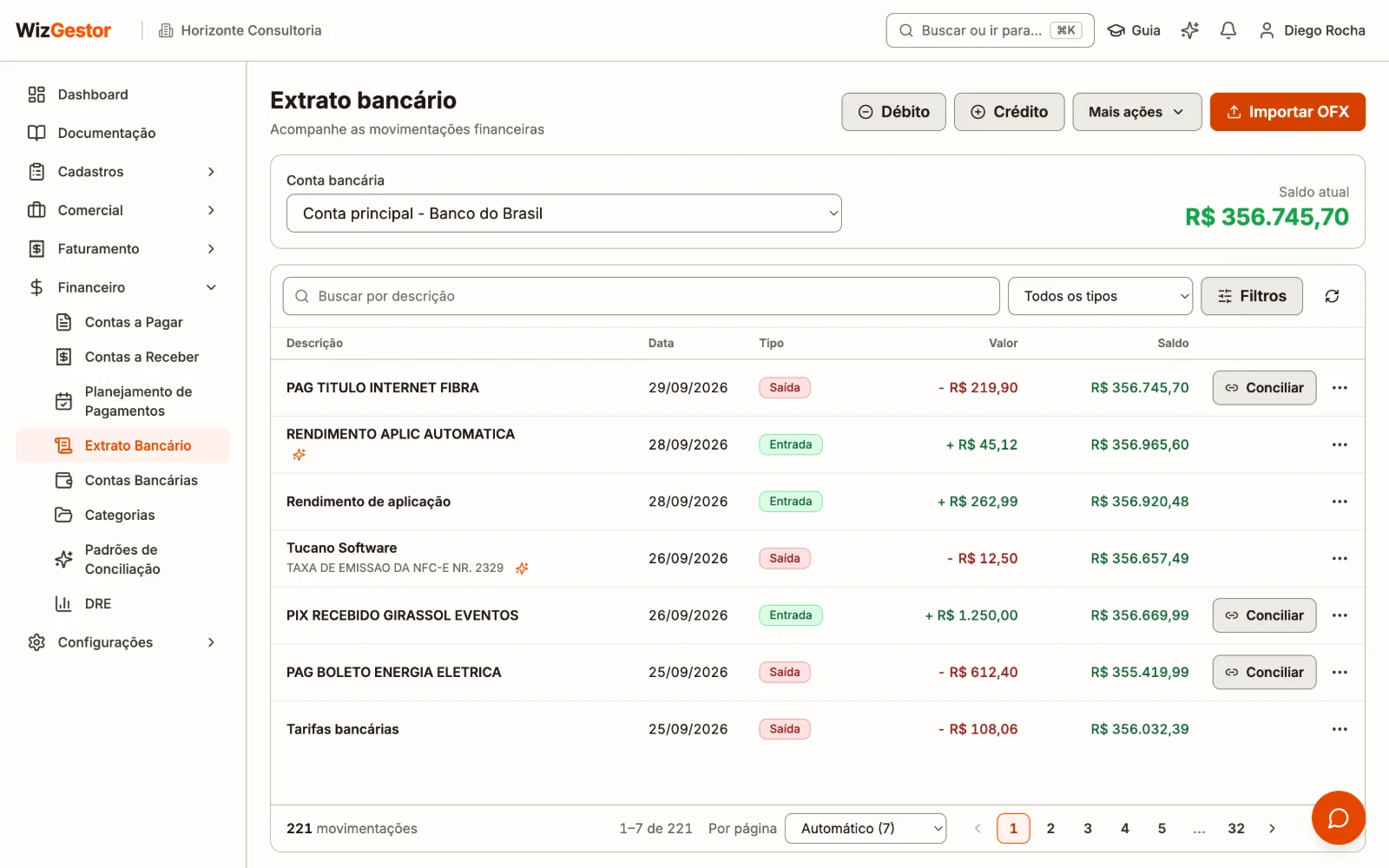 Extrato da conta com entradas, saídas, fornecedor ou cliente de cada movimento e o saldo