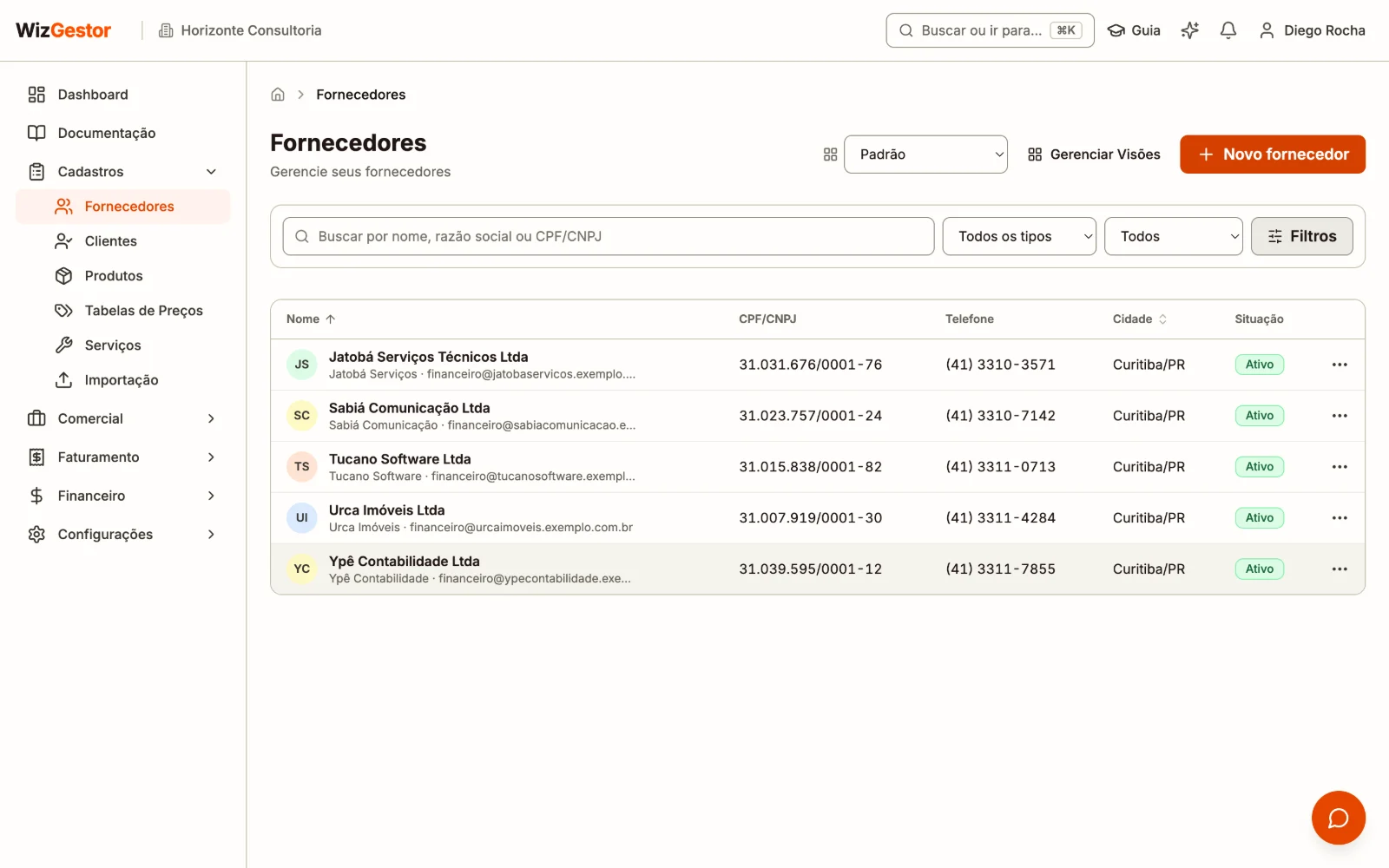 Lista de fornecedores com tipo, documento, nome, cidade e status