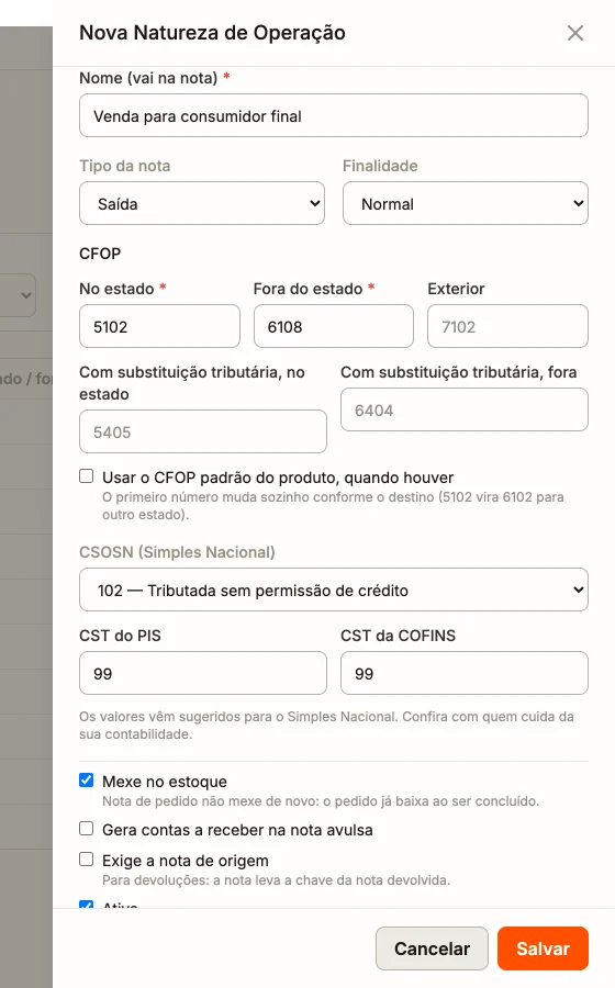 Formulário de natureza de operação com nome, tipo, CFOP por destino e CSOSN