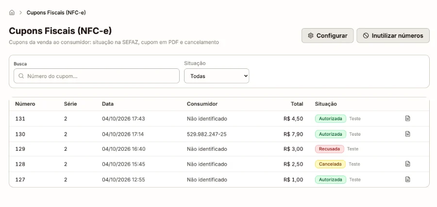 Tela Cupons Fiscais com a busca, o filtro de situação e a lista de cupons com número, série, data, consumidor, total e situação