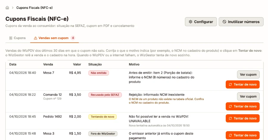 Aba Vendas sem cupom com a data, a mesa ou o pedido, o valor, a situação, o motivo e os botões Ver cupom e Tentar de novo