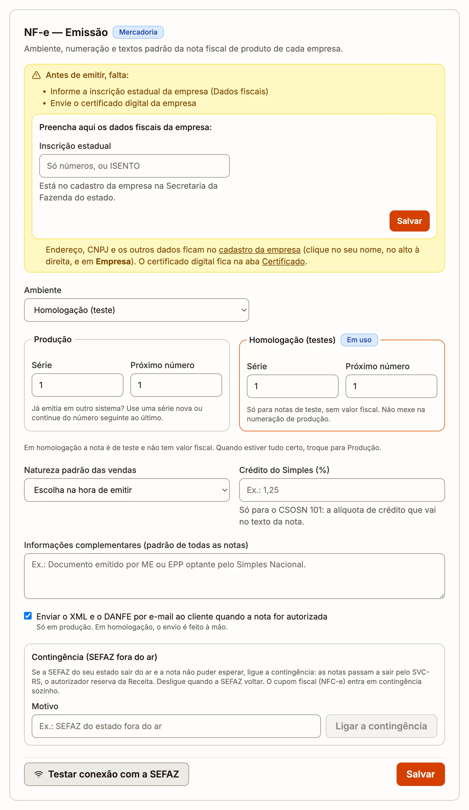 Cartão NF-e — Emissão com o que falta para emitir e o campo da inscrição estadual no aviso, o ambiente, a série e o próximo número de produção e de homologação, a natureza padrão, a contingência e o botão Testar conexão com a SEFAZ