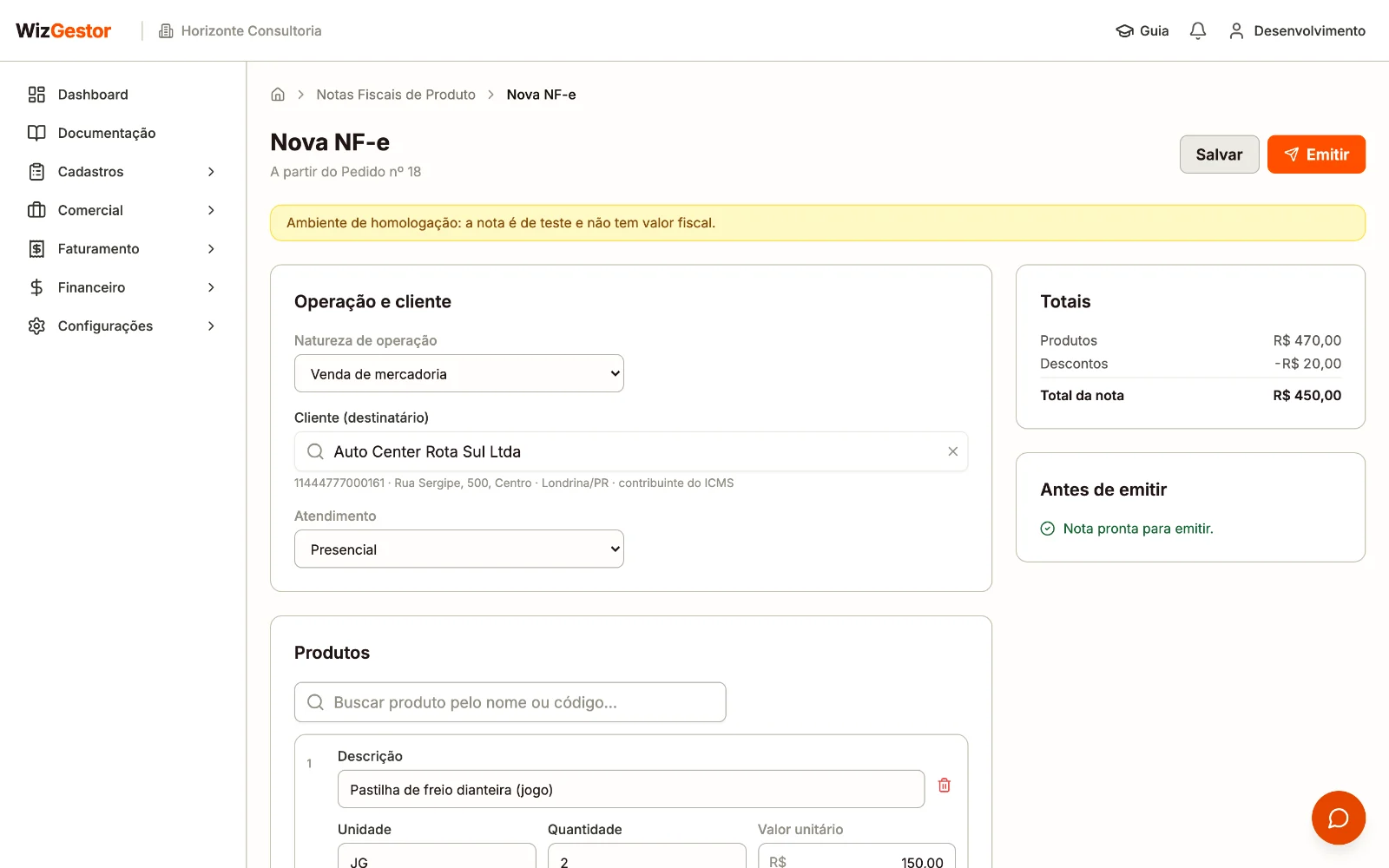 Nova NF-e com cliente, produto com CFOP e CSOSN calculados, totais e o cartão Antes de emitir com a nota pronta