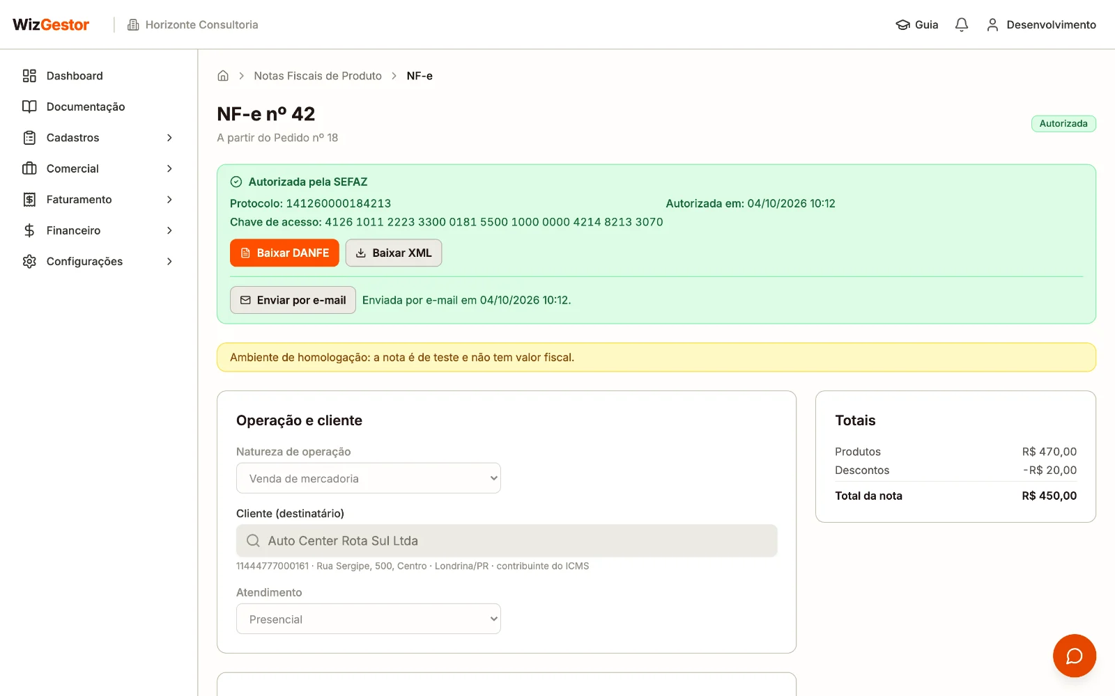 NF-e autorizada a partir de um pedido, com protocolo, chave de acesso e os botões Baixar DANFE, Baixar XML e Enviar por e-mail