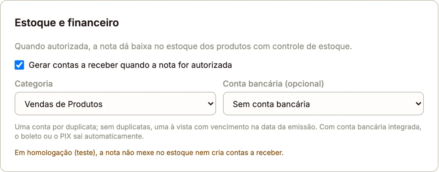 Cartão Estoque e financeiro da NF-e com a baixa no estoque, a opção Gerar contas a receber, a categoria e a conta bancária