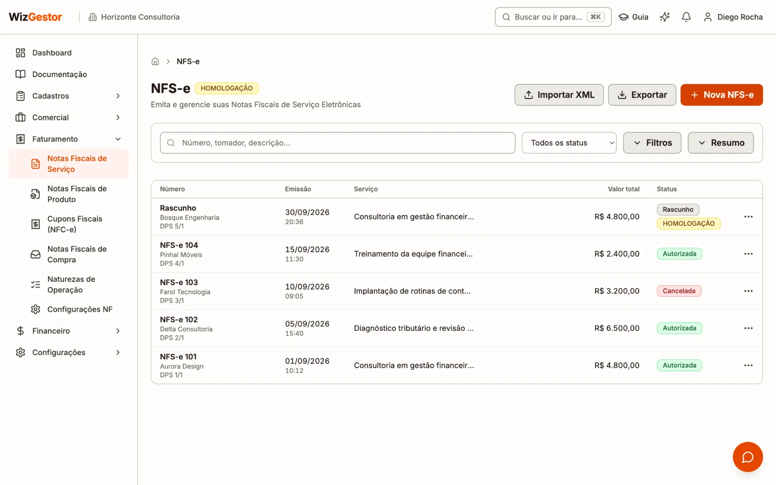 Listagem de notas fiscais de serviço com número, data, tomador, serviço, valor e status