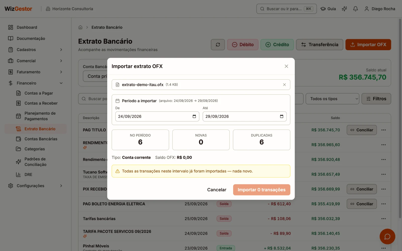 Janela de importação de extrato OFX com o arquivo escolhido e o resumo das movimentações novas