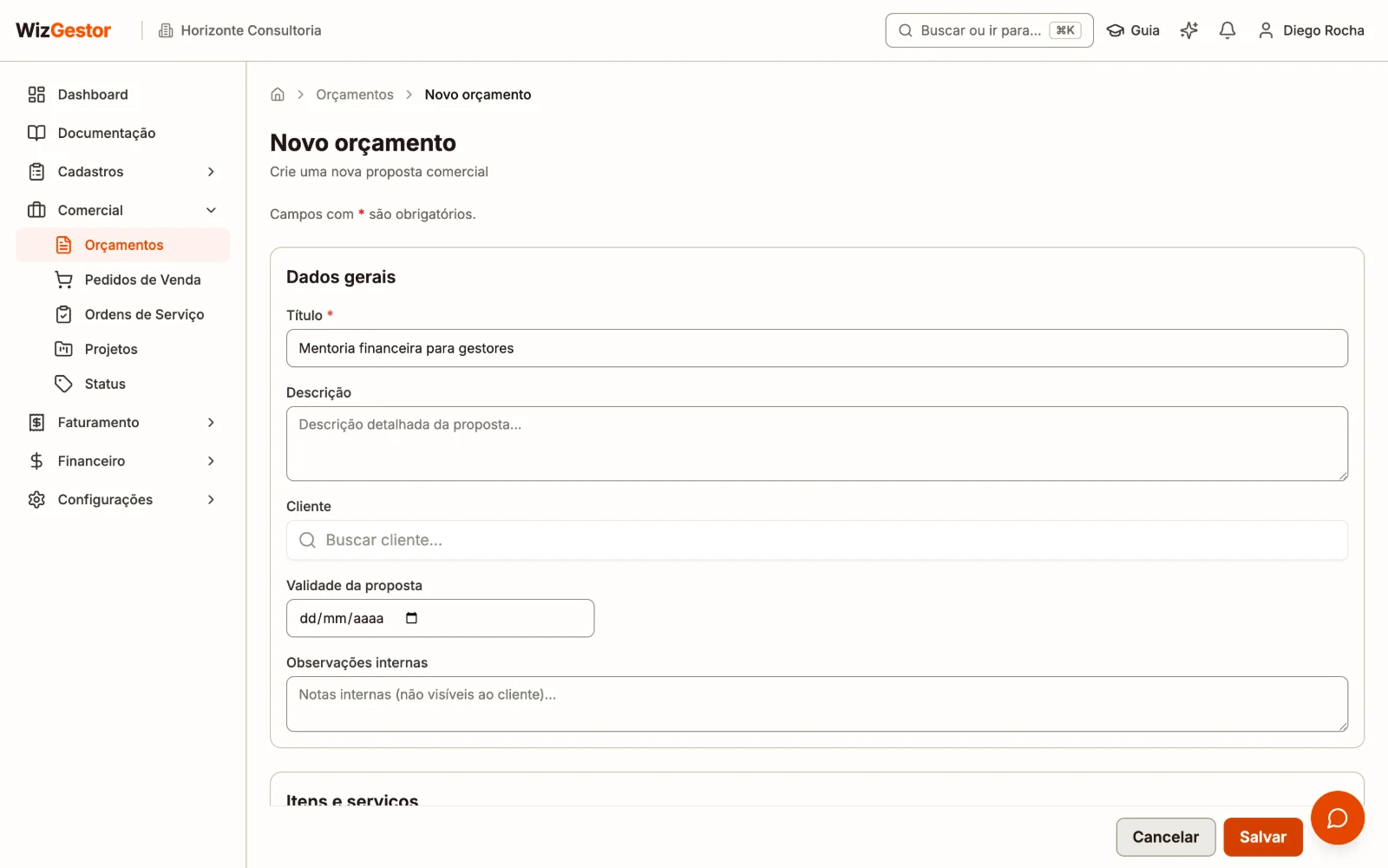 Formulário de novo orçamento com cliente, itens, desconto e condições de pagamento