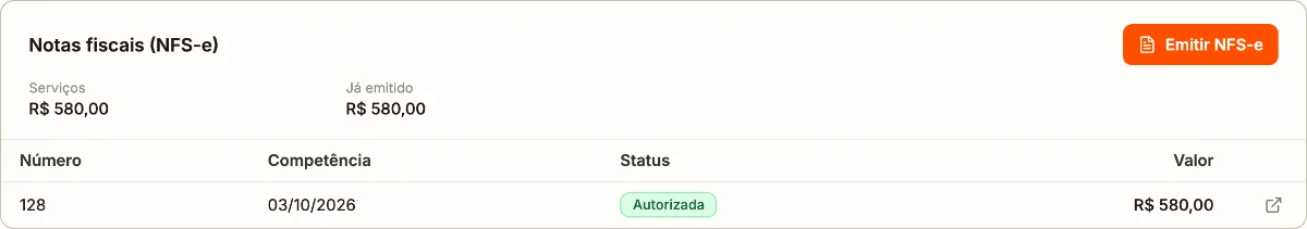 Seção Notas fiscais da ordem de serviço com o valor dos serviços, o valor já emitido e a nota autorizada