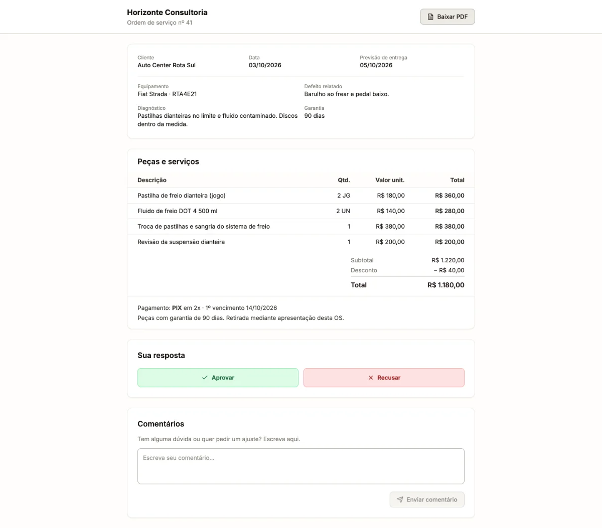 Link de aprovação da ordem de serviço como o cliente vê, com equipamento, defeito, diagnóstico, peças e serviços e os botões Aprovar e Recusar