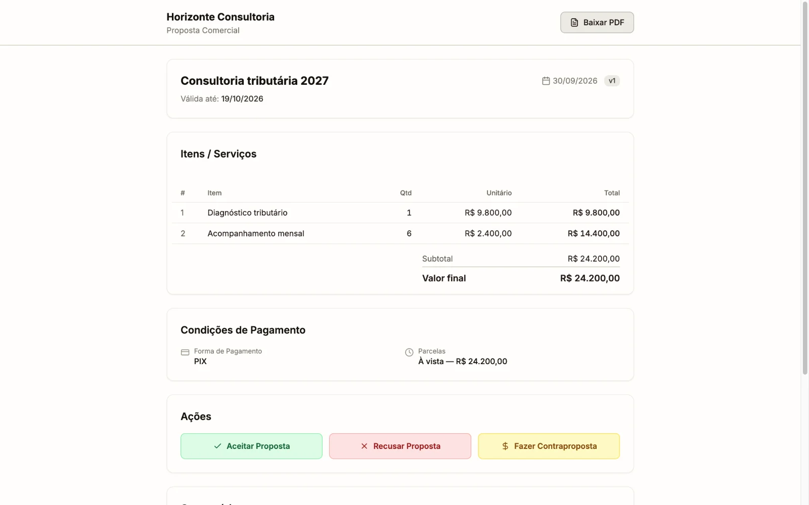 Portal do Cliente com a proposta, os itens, as condições de pagamento e os botões de resposta