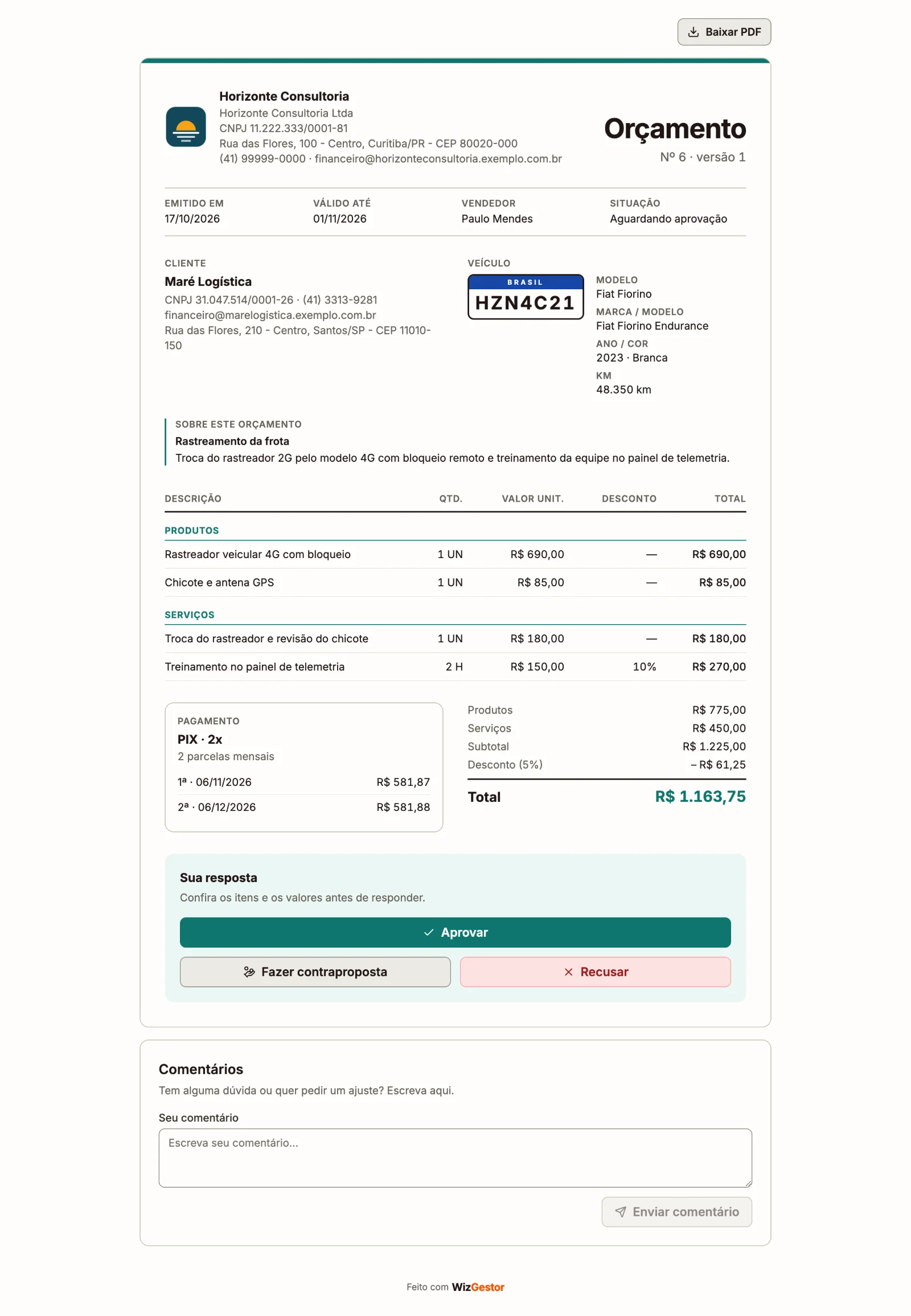 Orçamento aberto pelo cliente numa página com o logo da empresa, os itens separados em produtos e serviços, o pagamento e os botões Aprovar, Fazer contraproposta e Recusar
