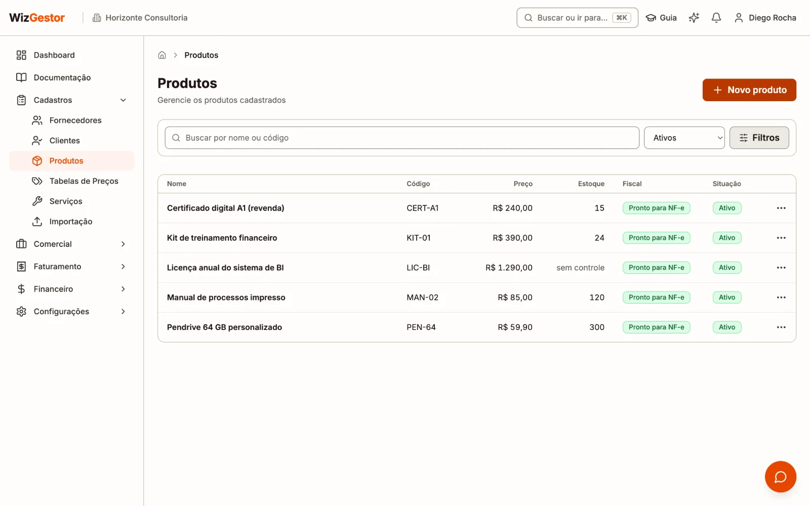 Lista de produtos com nome, código, preço, estoque e situação fiscal