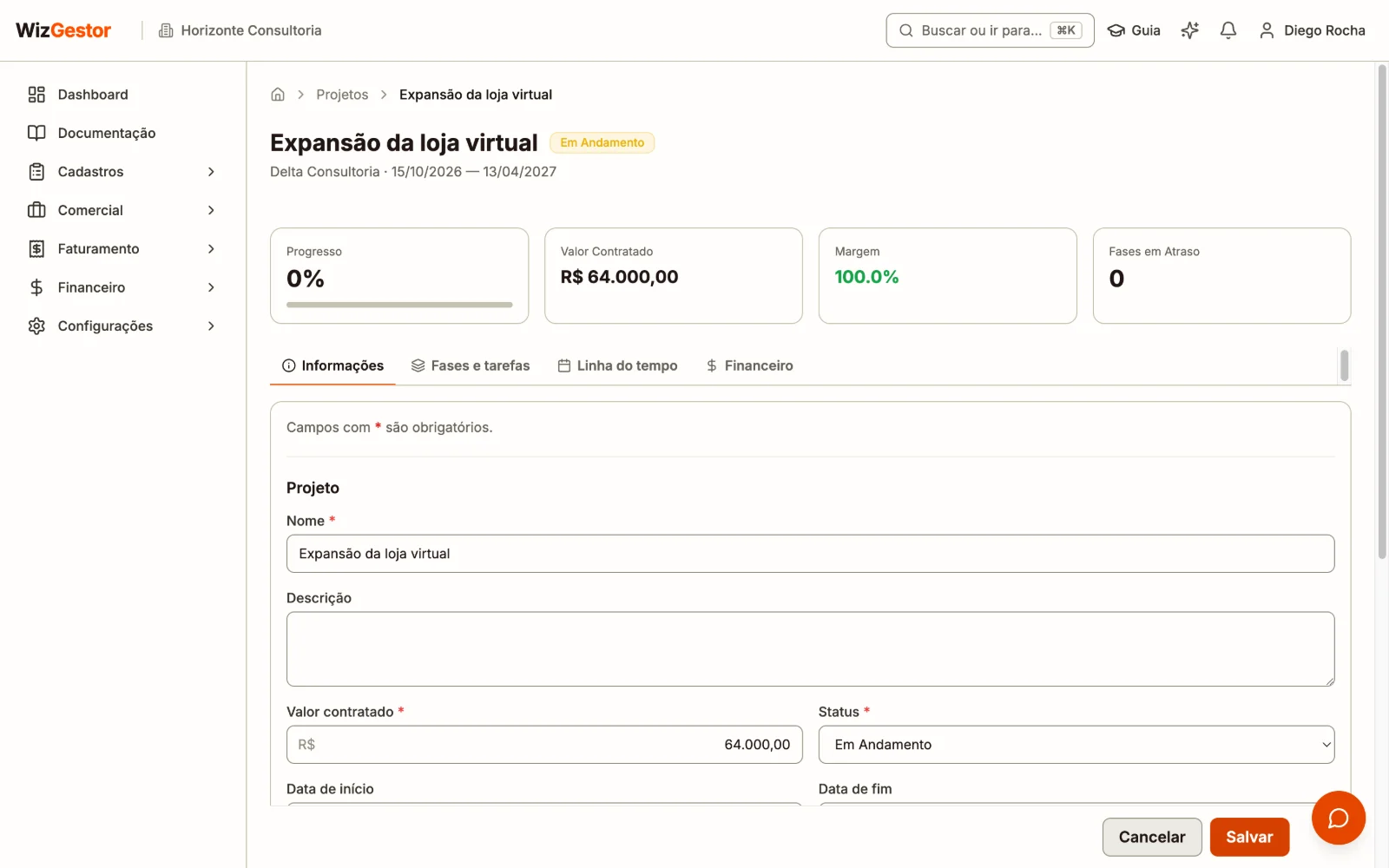 Página de um projeto no WizGestor com progresso, valor contratado, margem e as abas de informações, fases e financeiro
