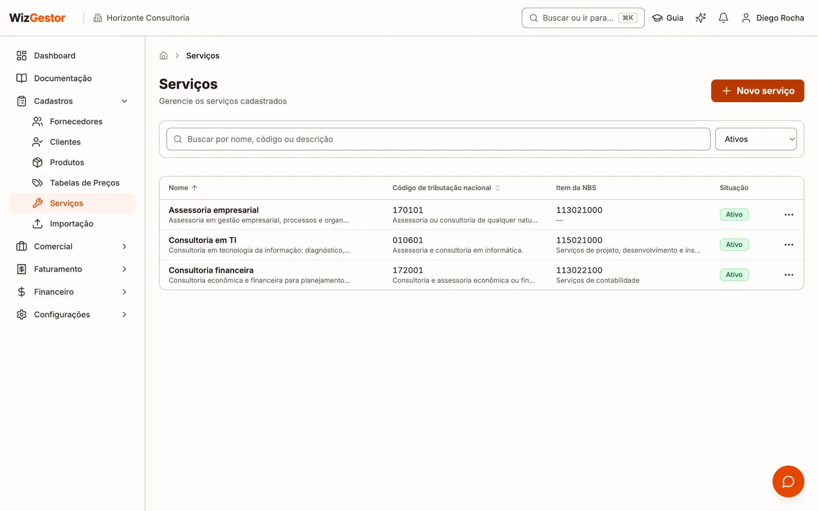 Lista de serviços com nome, código de tributação nacional e item da NBS