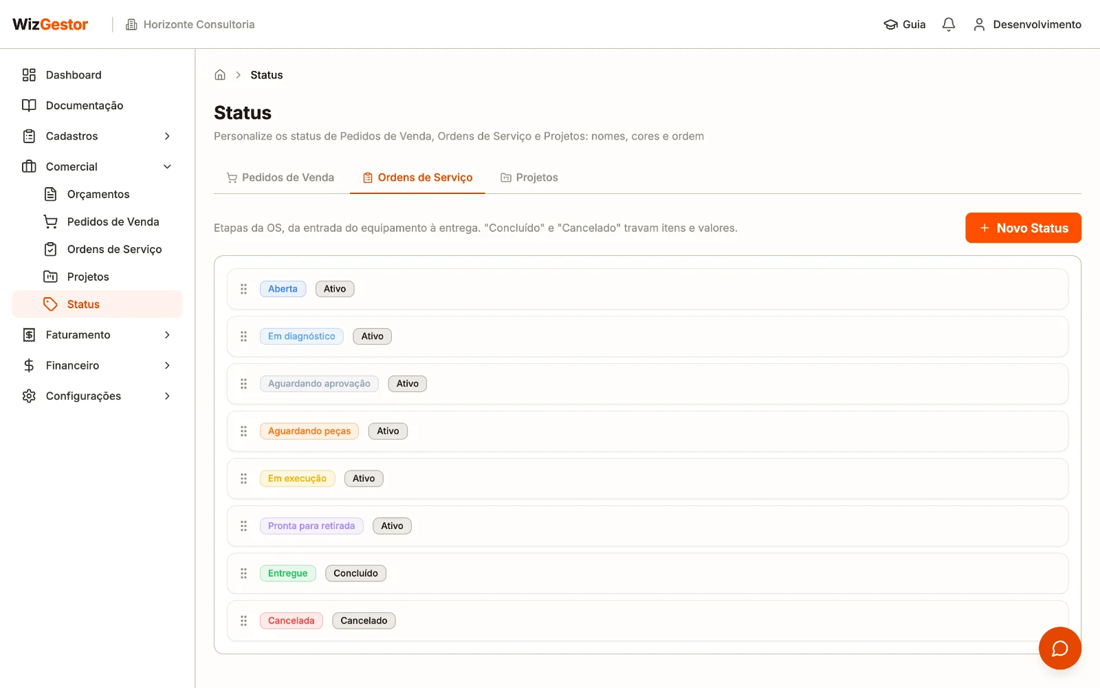 Tela de status com as abas Pedidos de Venda, Ordens de Serviço e Projetos e a lista de status da OS