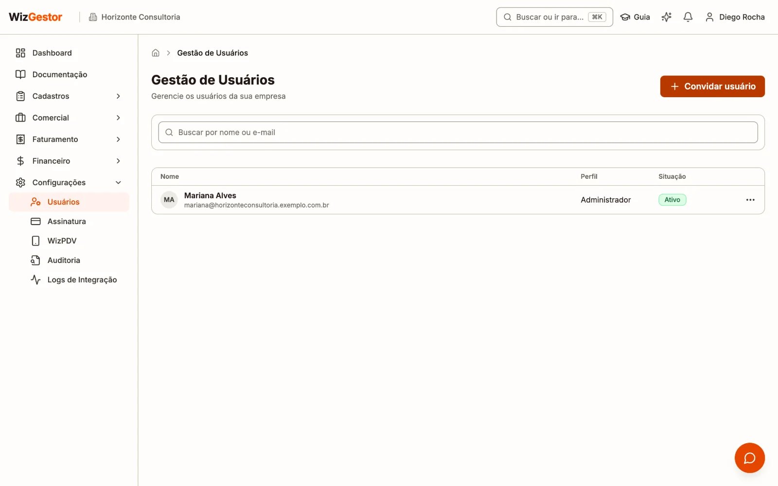 Lista de usuários com nome, e-mail, perfil e status