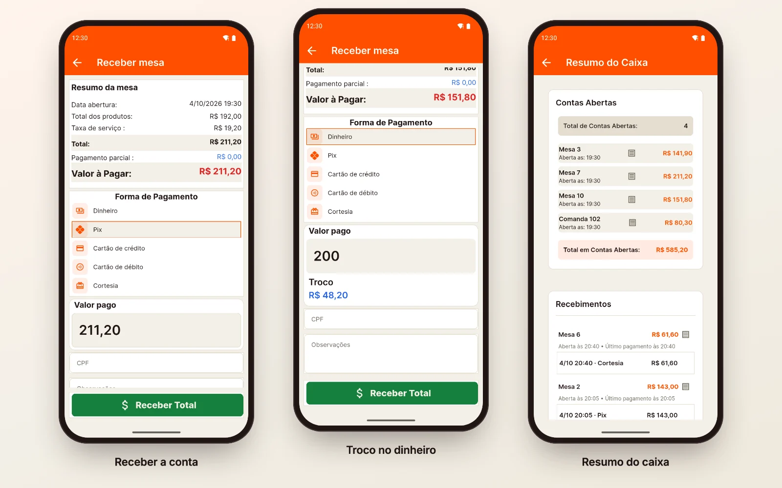 Três telas do WizPDV: Receber mesa com o resumo e a forma de pagamento, o troco calculado no dinheiro e o Resumo do Caixa com as contas abertas e os recebimentos