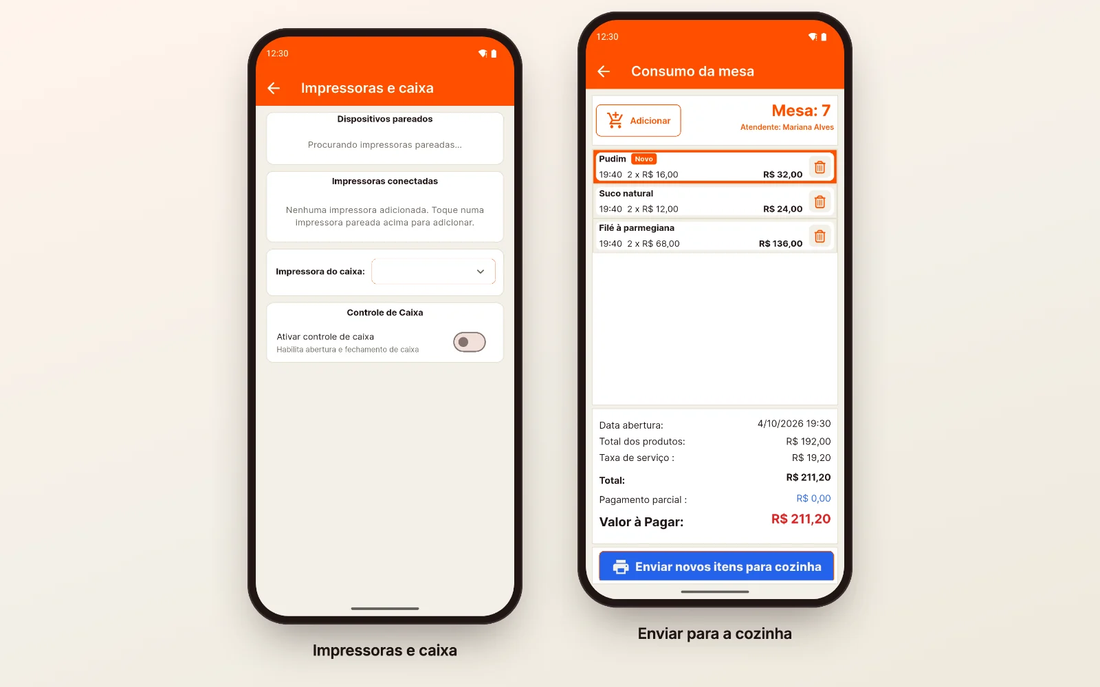 Duas telas do WizPDV: Impressoras e caixa, com os dispositivos pareados, as impressoras conectadas e a impressora do caixa, e a conta da mesa com o botão Enviar novos itens para cozinha