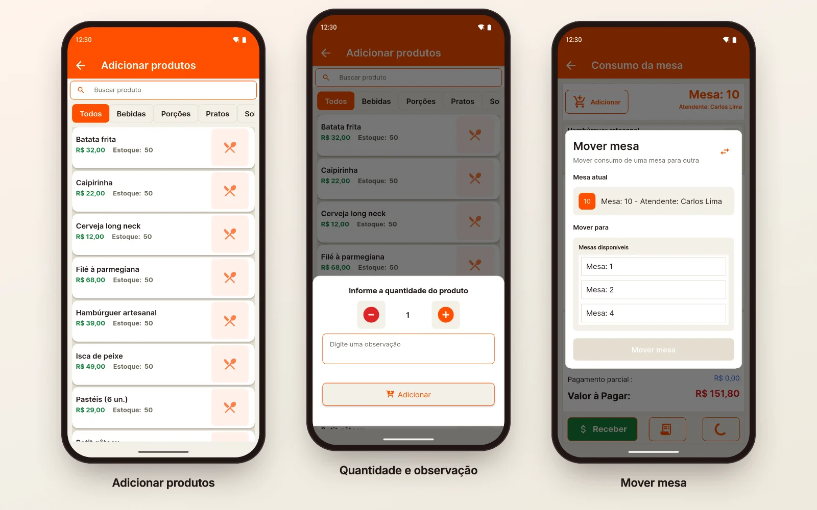 Três telas do WizPDV: Adicionar produtos com busca e categorias, a quantidade com a observação e a janela Mover mesa com as mesas disponíveis