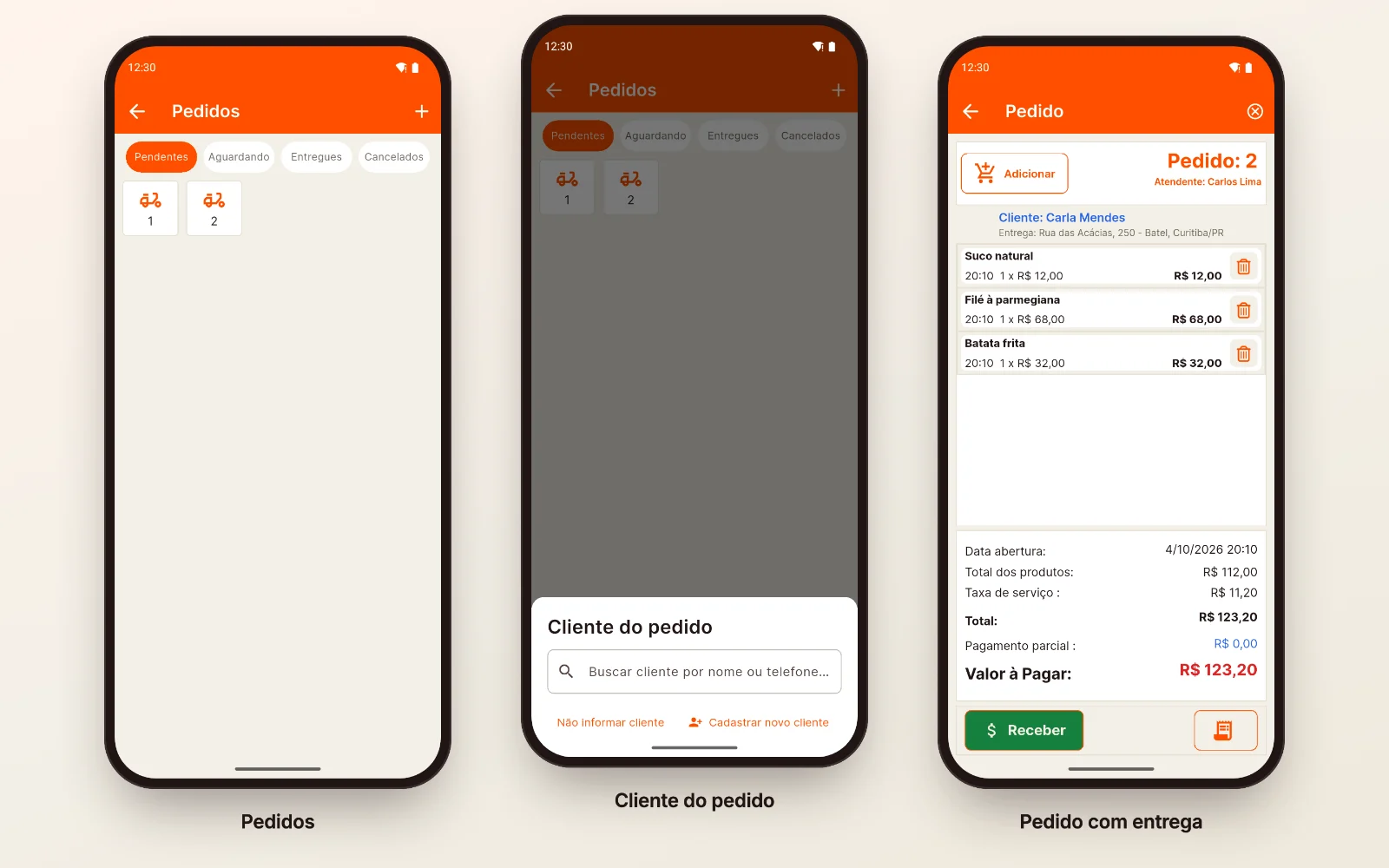 Três telas do WizPDV: a lista de pedidos pendentes, a escolha do cliente do pedido e o pedido 2 com o cliente, o endereço de entrega e os itens