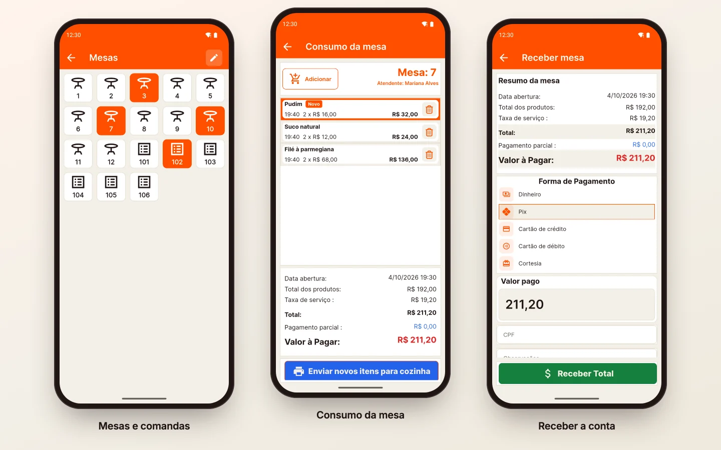 Três telas do WizPDV no celular: o mapa de mesas e comandas com as abertas em laranja, o consumo da mesa com o item novo ainda não enviado para a cozinha e o recebimento da conta por Pix